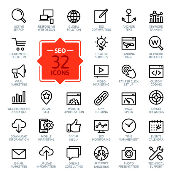 Outline web icons set - SEO (Search Engine Optimization)