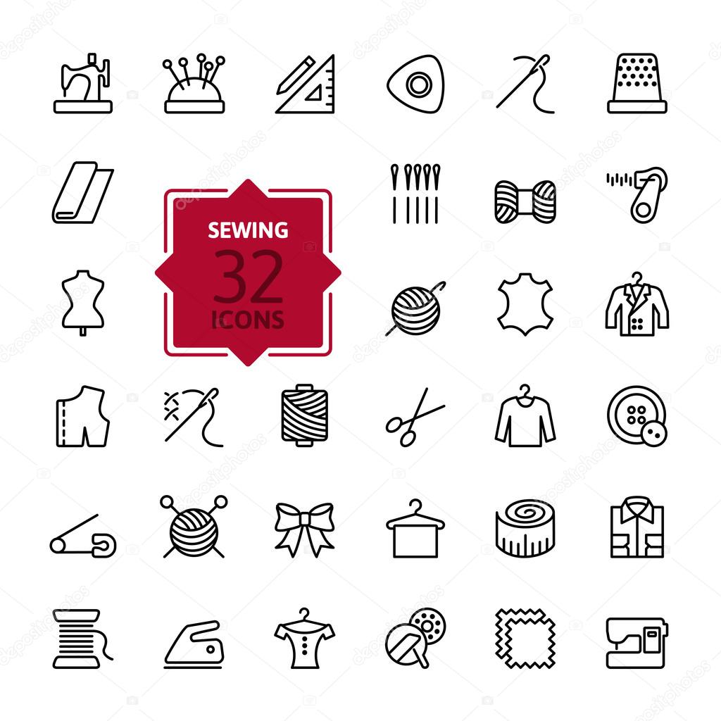 Outline web icon set - sewing equipment and needlework