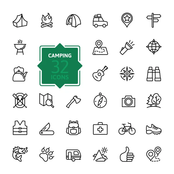 Conjunto de iconos web de esquema - camping de verano, al aire libre, viajes. — Archivo Imágenes Vectoriales