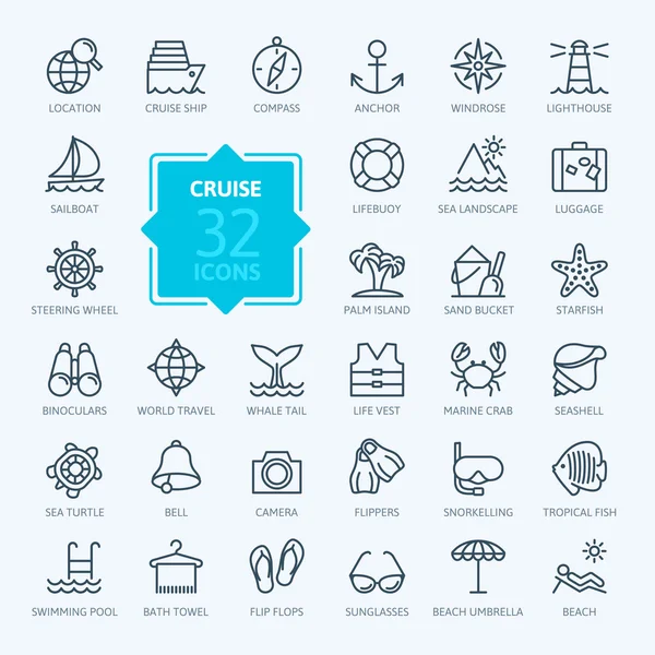 Conjunto de iconos web de esquema - viaje, vacaciones, crucero — Vector de stock