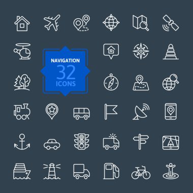 Outline web icons set - navigation, location, transportation clipart