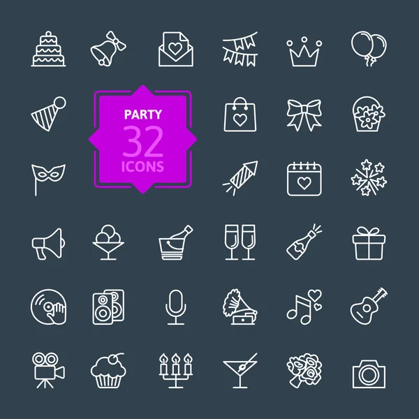 Conjunto de iconos web de esquema - Fiesta, Cumpleaños, celebración — Vector de stock