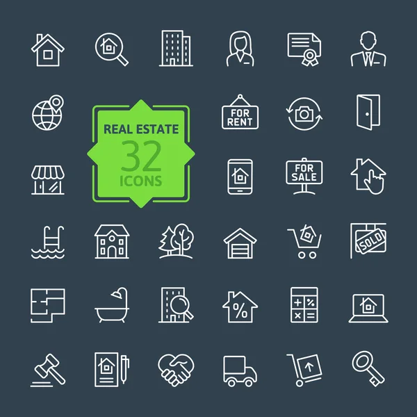 Esquema conjunto de iconos web - Inmobiliaria — Vector de stock