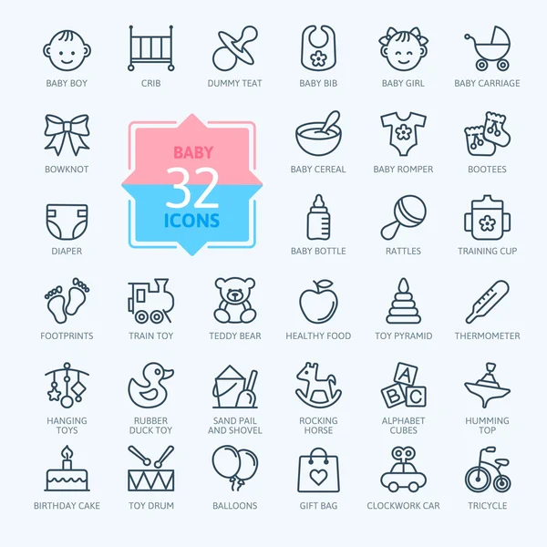 Özet web simgesi seti. Bebek oyuncakları, beslenme ve bakım