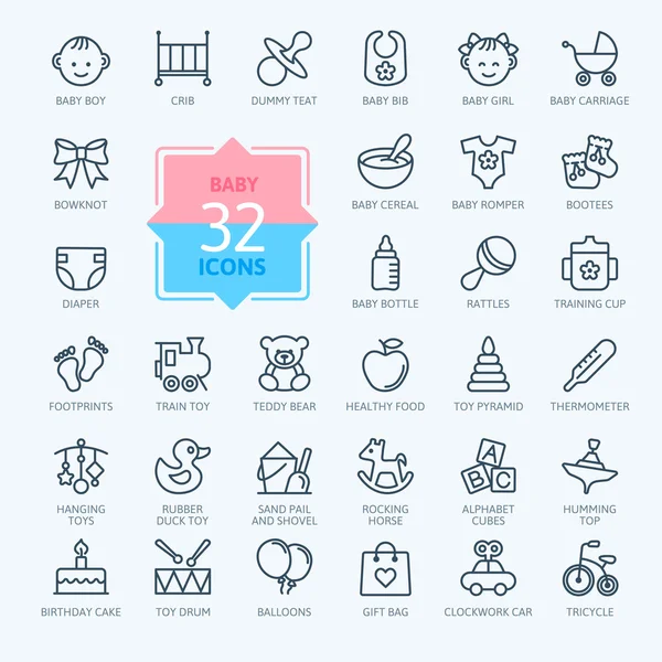Conjunto de iconos web de esquema. Juguetes para bebés, alimentación y cuidado — Archivo Imágenes Vectoriales