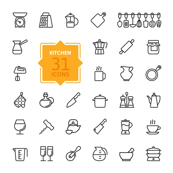 Esquema de la colección de iconos - cocina, utensilios de cocina y utensilios — Vector de stock