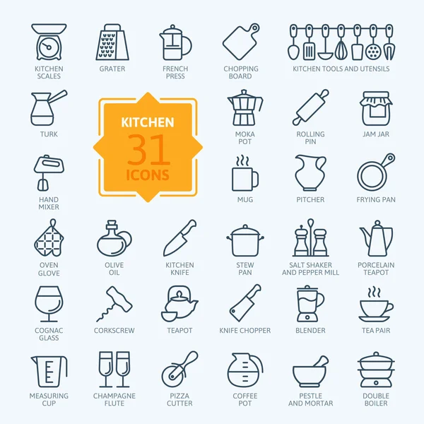 Esquema de la colección de iconos - cocina, utensilios de cocina y utensilios — Vector de stock