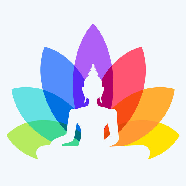 Silhouette of Buddha sitting on a lotus flower background. Yoga logotype - man in a lotus position