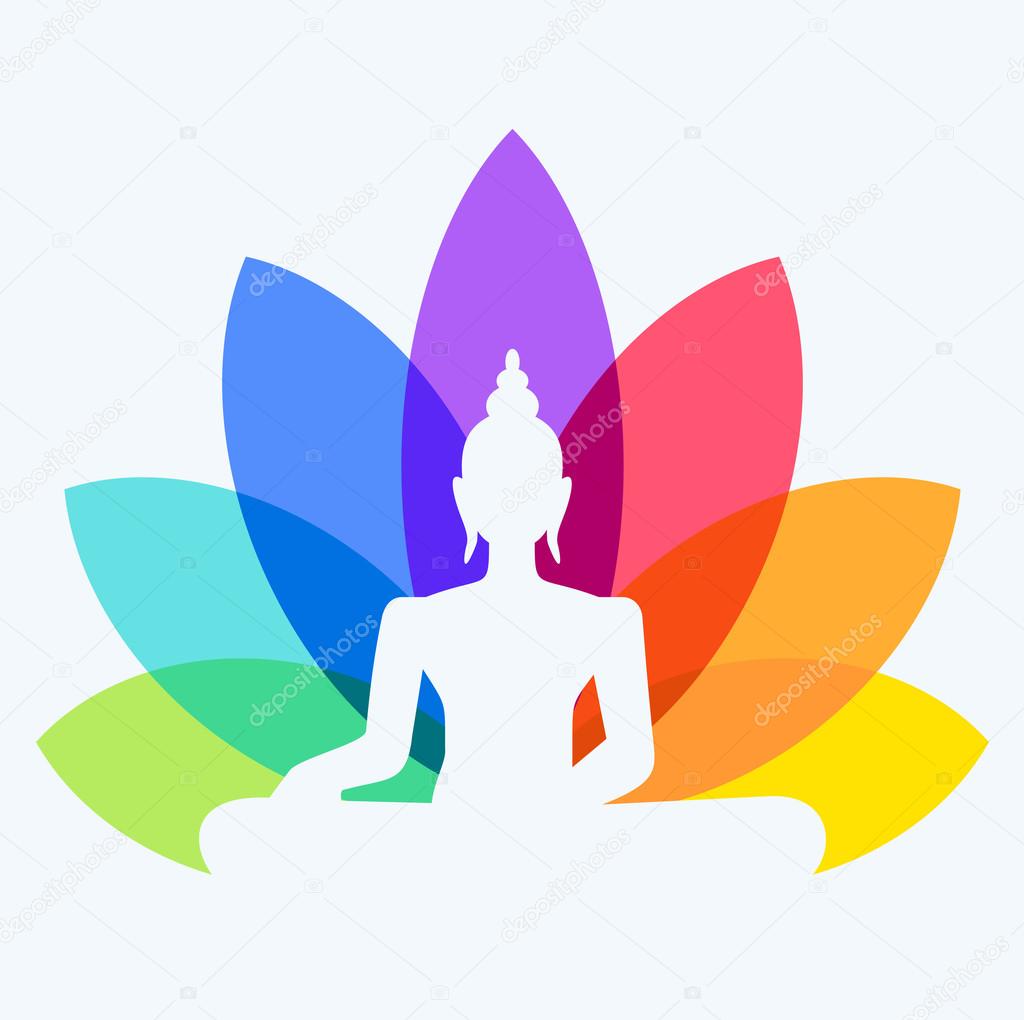 Silhouette of Buddha sitting on a lotus flower background. Yoga logotype - man in a lotus position