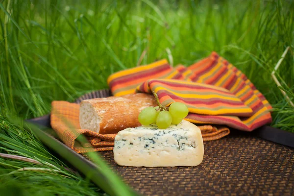 Blauwe kaas met druiven en stokbrood op dienblad — Stockfoto