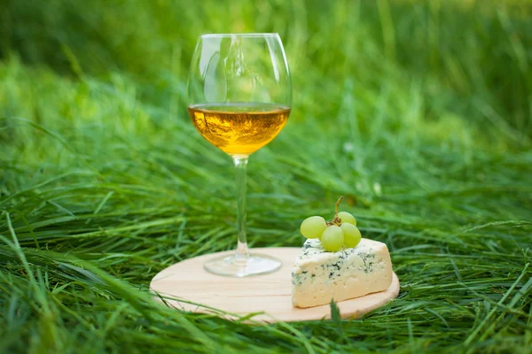 Glas Wein mit Blauschimmelkäse und Trauben im Freien lizenzfreie Stockbilder