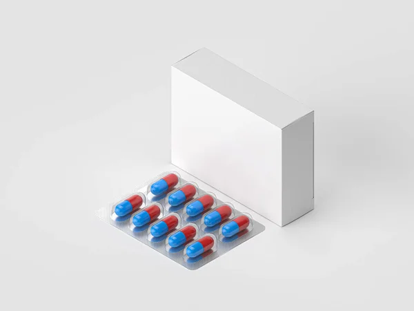 Closeup of blank drug box with blister pack isolated on white — Stock Photo, Image