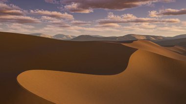 Alacakaranlıkta renkli bir gökyüzünün altında yuvarlanan kum tepelerinin 3 boyutlu sakin görüntüsü. Kum tepelerinin yumuşak kıvrımları huzurlu bir çöl manzarası yaratır..