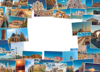 Çeşitli Avrupa şehirlerinden ikonik işaretlerin yer aldığı canlı bir kolaj mimari güzellik ve kültür mirasının sergilendiği.