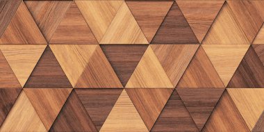 3 boyutlu illüstrasyon. Aynı boyutta üç boyutlu üçgenlerin arkaplan görüntüsü, farklı yüksekliklerde, bir gölge ve doğal ve boyalı ahşap dokusuyla. Tahta panel. Hazırla