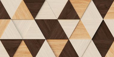 3 boyutlu illüstrasyon. Aynı boyutta üç boyutlu üçgenlerin arkaplan görüntüsü, farklı yüksekliklerde, bir gölge ve doğal ve boyalı ahşap dokusuyla. Tahta panel. Hazırla