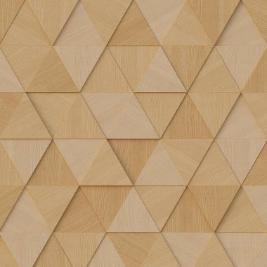 3 boyutlu illüstrasyon. Aynı boyutta üç boyutlu üçgenlerin arkaplan görüntüsü, farklı yüksekliklerde, bir gölge ve doğal ve boyalı ahşap dokusuyla. Tahta panel. Hazırla