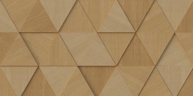 3 boyutlu illüstrasyon. Aynı boyutta üç boyutlu üçgenlerin arkaplan görüntüsü, farklı yüksekliklerde, bir gölge ve doğal ve boyalı ahşap dokusuyla. Tahta panel. Hazırla