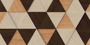 3 boyutlu illüstrasyon. Aynı boyutta üç boyutlu üçgenlerin arkaplan görüntüsü, farklı yüksekliklerde, bir gölge ve doğal ve boyalı ahşap dokusuyla. Tahta panel. Hazırla