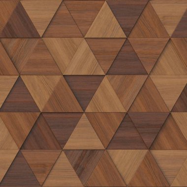 3 boyutlu illüstrasyon. Aynı boyutta üç boyutlu üçgenlerin arkaplan görüntüsü, farklı yüksekliklerde, bir gölge ve doğal ve boyalı ahşap dokusuyla. Tahta panel. Hazırla