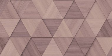 3 boyutlu illüstrasyon. Aynı boyutta üç boyutlu üçgenlerin arkaplan görüntüsü, farklı yüksekliklerde, bir gölge ve doğal ve boyalı ahşap dokusuyla. Tahta panel. Hazırla