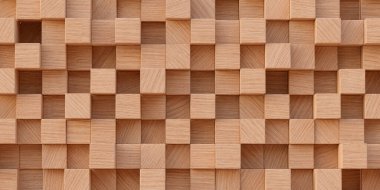 3 boyutlu illüstrasyon. Doku, arkaplan, üç boyutlu, gerçekçi tahta küpler farklı seviyelerde, gölgeler, çıtalar, doğal dokular. Tahta panel, ahşap desenli arka plan. Hazırla