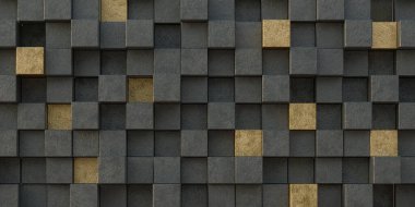 3 boyutlu illüstrasyon. Aynı boyutta gölgesi olan, farklı seviyelerde uzayda bulunan gerçekçi siyah katı küpler. 3d küplerin soyut arkaplanı. Karanlık küplerin arka planı. 3D görüntüleme. 3D panel.