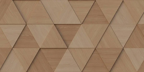 3 boyutlu illüstrasyon. Aynı boyutta üç boyutlu üçgenlerin arkaplan görüntüsü, farklı yüksekliklerde, bir gölge ve doğal ve boyalı ahşap dokusuyla. Tahta panel. Hazırla