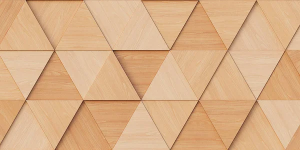 3 boyutlu illüstrasyon. Aynı boyutta üç boyutlu üçgenlerin arkaplan görüntüsü, farklı yüksekliklerde, bir gölge ve doğal ve boyalı ahşap dokusuyla. Tahta panel. Hazırla