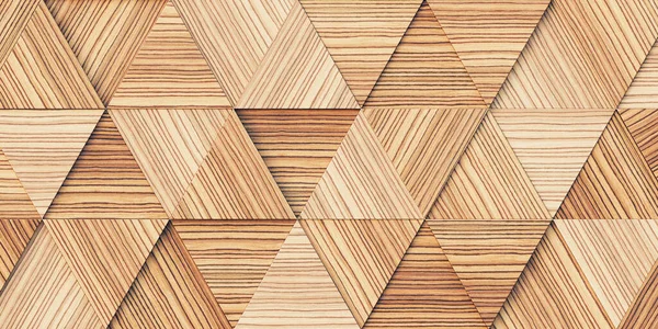 3 boyutlu illüstrasyon. Aynı boyutta üç boyutlu üçgenlerin arkaplan görüntüsü, farklı yüksekliklerde, bir gölge ve doğal ve boyalı ahşap dokusuyla. Tahta panel. Hazırla