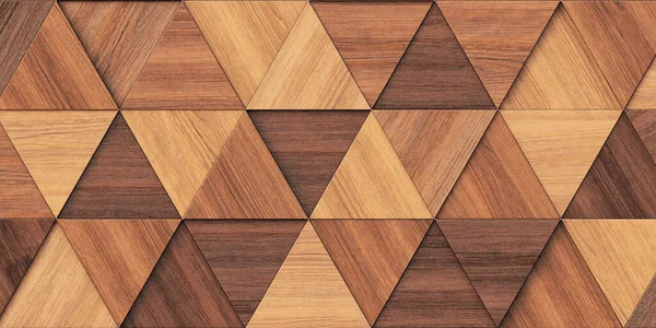 3 boyutlu illüstrasyon. Aynı boyutta üç boyutlu üçgenlerin arkaplan görüntüsü, farklı yüksekliklerde, bir gölge ve doğal ve boyalı ahşap dokusuyla. Tahta panel. Hazırla