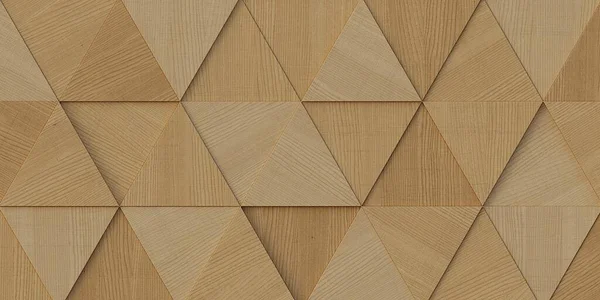 3 boyutlu illüstrasyon. Aynı boyutta üç boyutlu üçgenlerin arkaplan görüntüsü, farklı yüksekliklerde, bir gölge ve doğal ve boyalı ahşap dokusuyla. Tahta panel. Hazırla