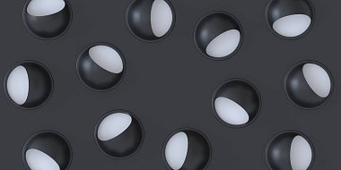 3 boyutlu illüstrasyon. Volumetrik siyah toplar, normal şekilli, siyah ve beyaz arka planda bir gölge. Soyut arkaplan resmi. Şenlikli arkaplan, duvar kağıdı, kartpostal, doku, 3D çizim.