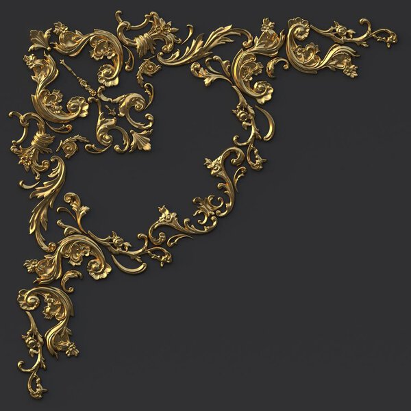 3D illustration. Vintage gold card with decoration. Classic baroque decorative elements. Holiday decor of golden elements isolated on black background with shadow. Abstract background image, Render.