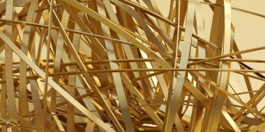 Üç boyutlu illüstrasyon. Altın bir arka planda cilt çizgilerinden altın dokuma. Hazırla. Üç boyutlu doku. Işıltılı ve yansımalı çarpık altın çizgiler. Ekran koruyucu için arkaplan resmi. Hazırla