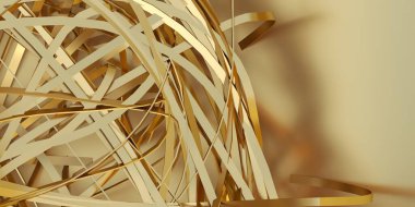 Üç boyutlu illüstrasyon. Altın bir arka planda cilt çizgilerinden altın dokuma. Hazırla. Üç boyutlu doku. Işıltılı ve yansımalı çarpık altın çizgiler. Ekran koruyucu için arkaplan resmi. Hazırla