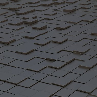 3 boyutlu illüstrasyon. Uzayda farklı seviyelerde gölgesi olan gerçekçi siyah katı küpler. 3d küplerden soyut arkaplan. Karanlık küplerin arka planı. 3D görüntüleme. 3d paneli.
