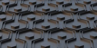 Üç boyutlu illüstrasyon. Soyut hacimli geometrik arkaplan. Uzayda aynı boyut gölgesine sahip gerçekçi siyah çokgenler. 3 boyutlu bal peteklerinin soyut arkaplanı. Panel 3d oluşturma.