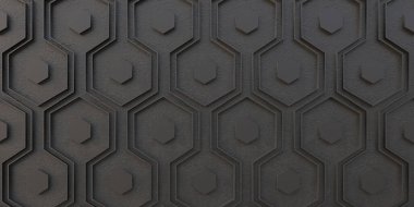 Üç boyutlu illüstrasyon. Soyut hacimli geometrik arkaplan. Uzayda aynı boyut gölgesine sahip gerçekçi siyah çokgenler. 3 boyutlu bal peteklerinin soyut arkaplanı. Panel 3d oluşturma.