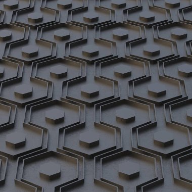 Üç boyutlu illüstrasyon. Soyut hacimli geometrik arkaplan. Uzayda aynı boyut gölgesine sahip gerçekçi siyah çokgenler. 3 boyutlu bal peteklerinin soyut arkaplanı. Panel 3d oluşturma.