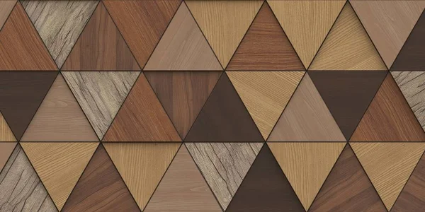 3 boyutlu illüstrasyon. Aynı boyutta üç boyutlu üçgenlerin arkaplan görüntüsü, farklı yüksekliklerde, bir gölge ve doğal ve boyalı ahşap dokusuyla. Tahta panel. Hazırla