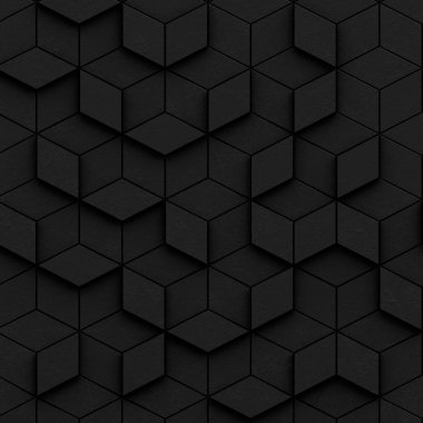 3 boyutlu illüstrasyon. Aynı boyutta gölgesi olan, farklı seviyelerde uzayda bulunan gerçekçi siyah katı küpler. 3d küplerin soyut arkaplanı. Karanlık küplerin arka planı. 3D görüntüleme. 3D panel.