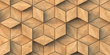 Üç boyutlu illüstrasyon. Aynı boyutta üç boyutlu dikdörtgenlerin arkaplan görüntüsü, farklı yüksekliklerde, bir gölge ve doğal ve boyalı ahşap dokusuyla. Tahta panel. Hazırla