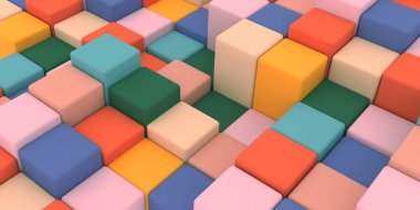 İllüstrasyon 3D. Çaprazlama dizilmiş, çeşitli yüksekliklerden parlak, renkli küplerin yüzeyi. Bakış açısıyla bak. Soyut özgeçmiş 33D görüntüleme. Kutlama geçmişi. Posta kartı için arka plan, el ilanı..