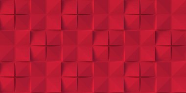 3 boyutlu illüstrasyon. Gerçekçi kırmızılar, uzayda farklı seviyelerde bulunan ve aynı boyutta bir gölgeye sahip hacim küpleridir. 3d küplerin soyut arkaplanı. Kırmızı küplerin arka planı. 3D görüntüleme. 3D panel