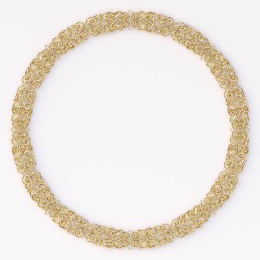 3 boyutlu illüstrasyon. Barok tarzında klasik dekoratif elementler dikdörtgen çerçeve şeklinde. Beyaz arka planda izole edilmiş altın elementlerin bayram dekoru. Dijital çizimler. Altın çerçeve