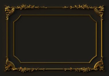 3D illüstrasyon klasik barok dekoratif elementler dikdörtgen çerçeve şeklinde. Gri arka planda izole edilmiş tatil dekoru altın elementleri. Dijital çizim. Altın çerçeve