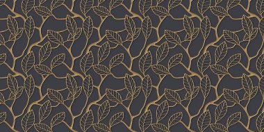 Üç boyutlu resimleme soyut arkaplan. İş, yapraklı altın dallar, siyah arka planda gölgeler. Çiçek süslemeli dekoratif ızgara, 3 boyutlu panel. Geleceğe yönelik bir geçmiş. Hazırla