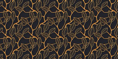 Üç boyutlu resimleme soyut arkaplan. İş, yapraklı altın dallar, siyah arka planda gölgeler. Çiçek süslemeli dekoratif ızgara, 3 boyutlu panel. Geleceğe yönelik bir geçmiş. Hazırla