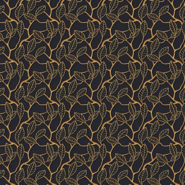 Üç boyutlu resimleme soyut arkaplan. İş, yapraklı altın dallar, siyah arka planda gölgeler. Çiçek süslemeli dekoratif ızgara, 3 boyutlu panel. Geleceğe yönelik bir geçmiş. Hazırla